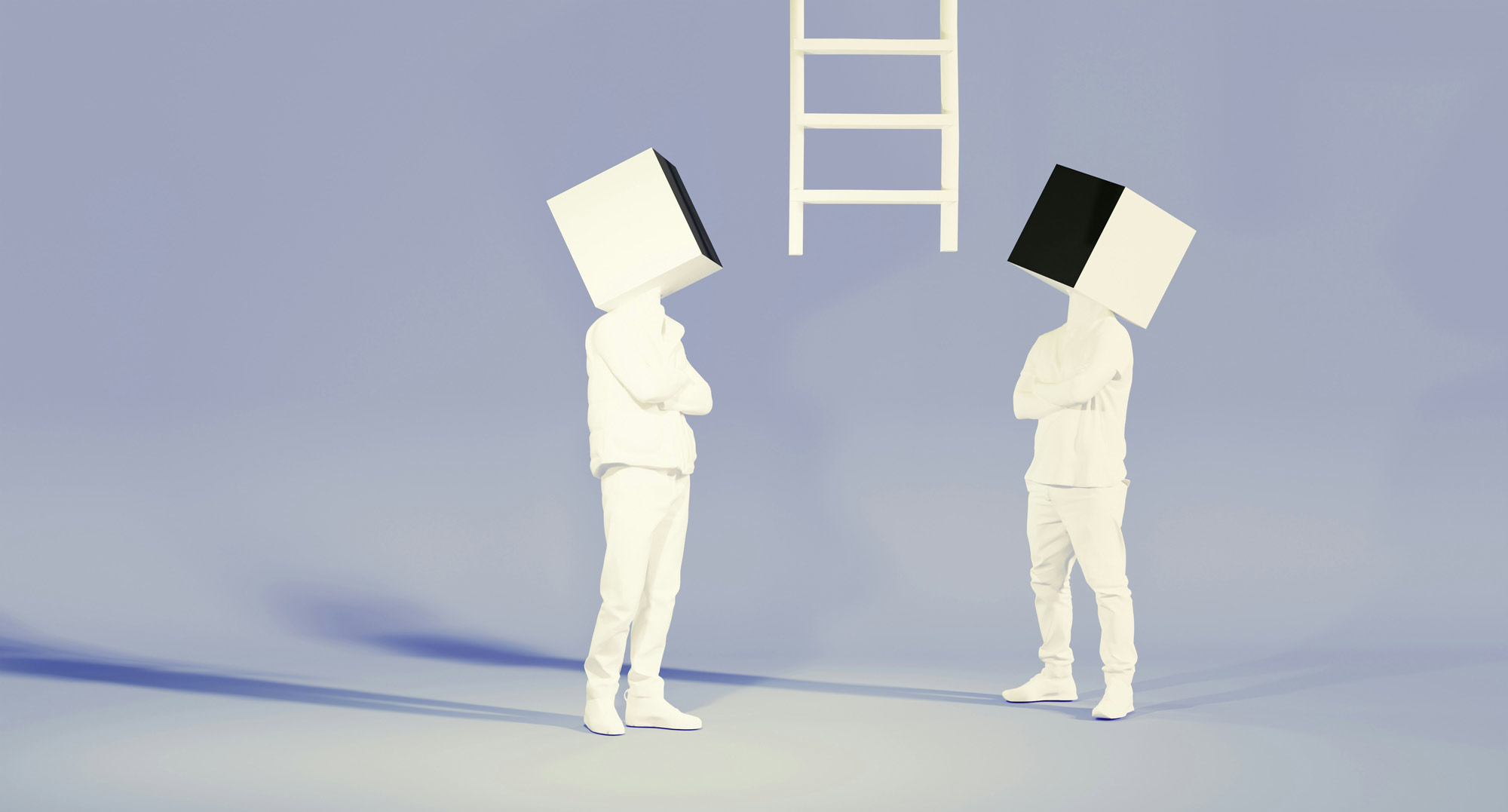 BRAND SAFETY PR AI SEO UK. The image depicts an illustration of 2 white-out characters with square box heads looking up at the bottom half of a white ladder hanging from above.