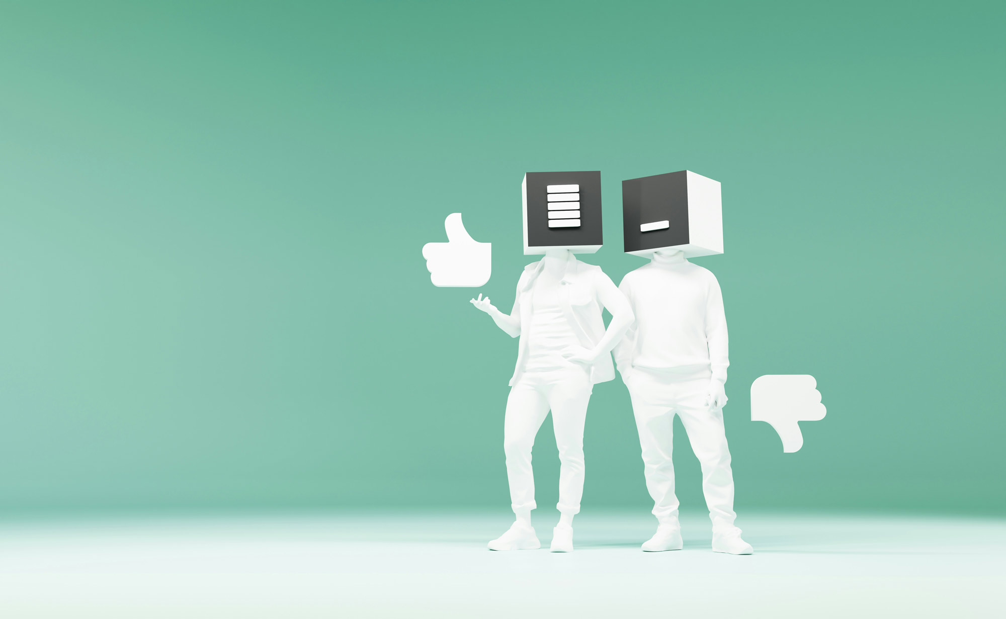 GEO & PR Led Search Visibility. The image shows an illustration of 2 white figures with box heads, one with a thums up sign and the the other a thumbs down tyoe icon beside them.