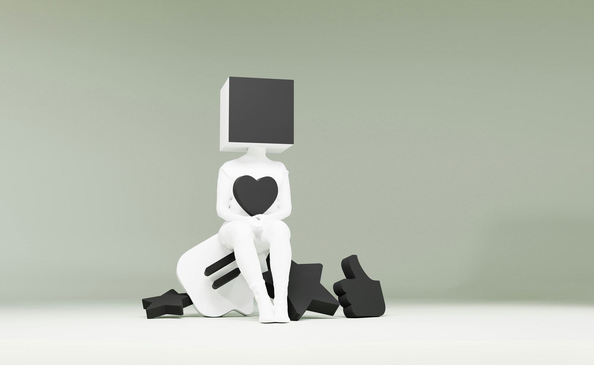 Generative engine optimisation. Illustration of a single white figure with a box head sitting on some social share type icons.